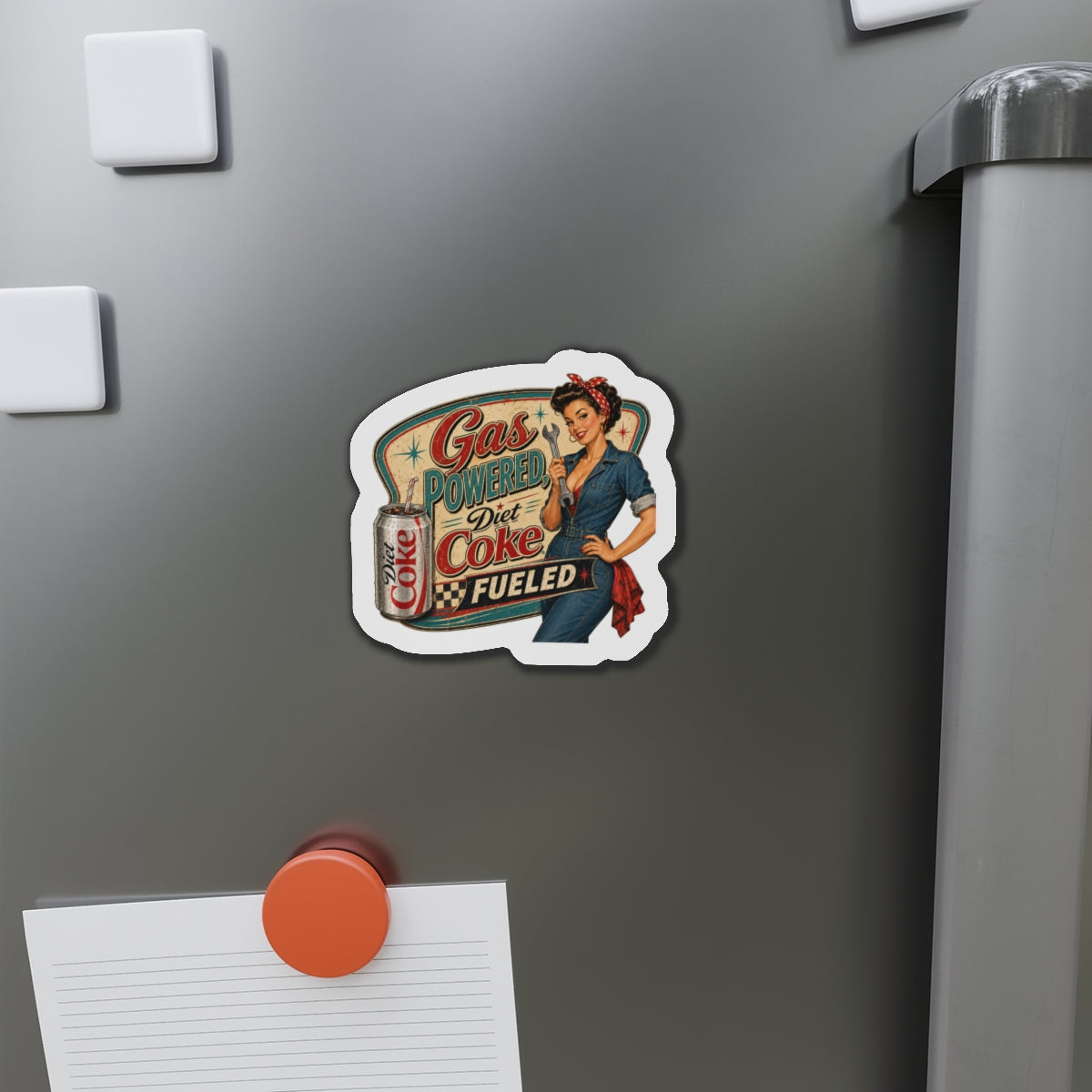 Retro Pin-Up Magnet — "Gas Powered Diet Coke Fueled" Die-Cut Refrigerator Magnet