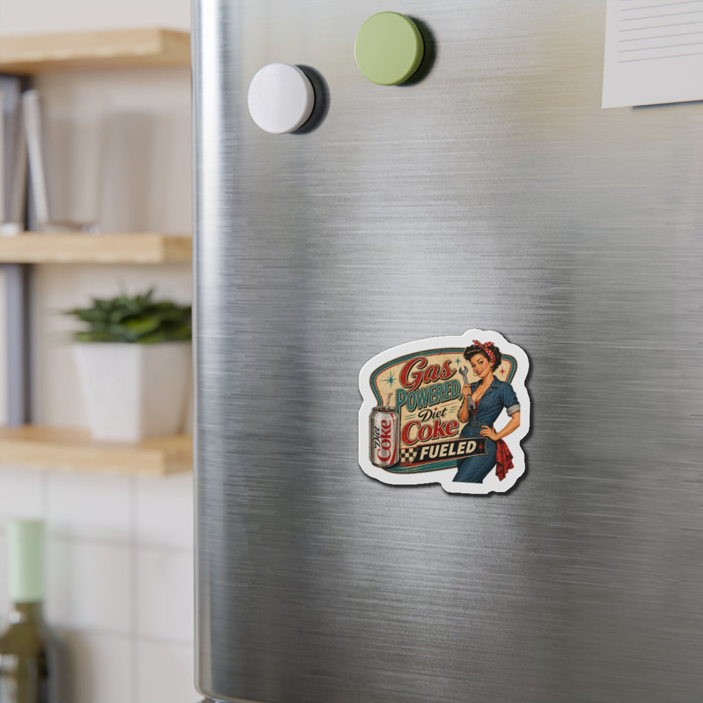 Retro Pin-Up Magnet — "Gas Powered Diet Coke Fueled" Die-Cut Refrigerator Magnet