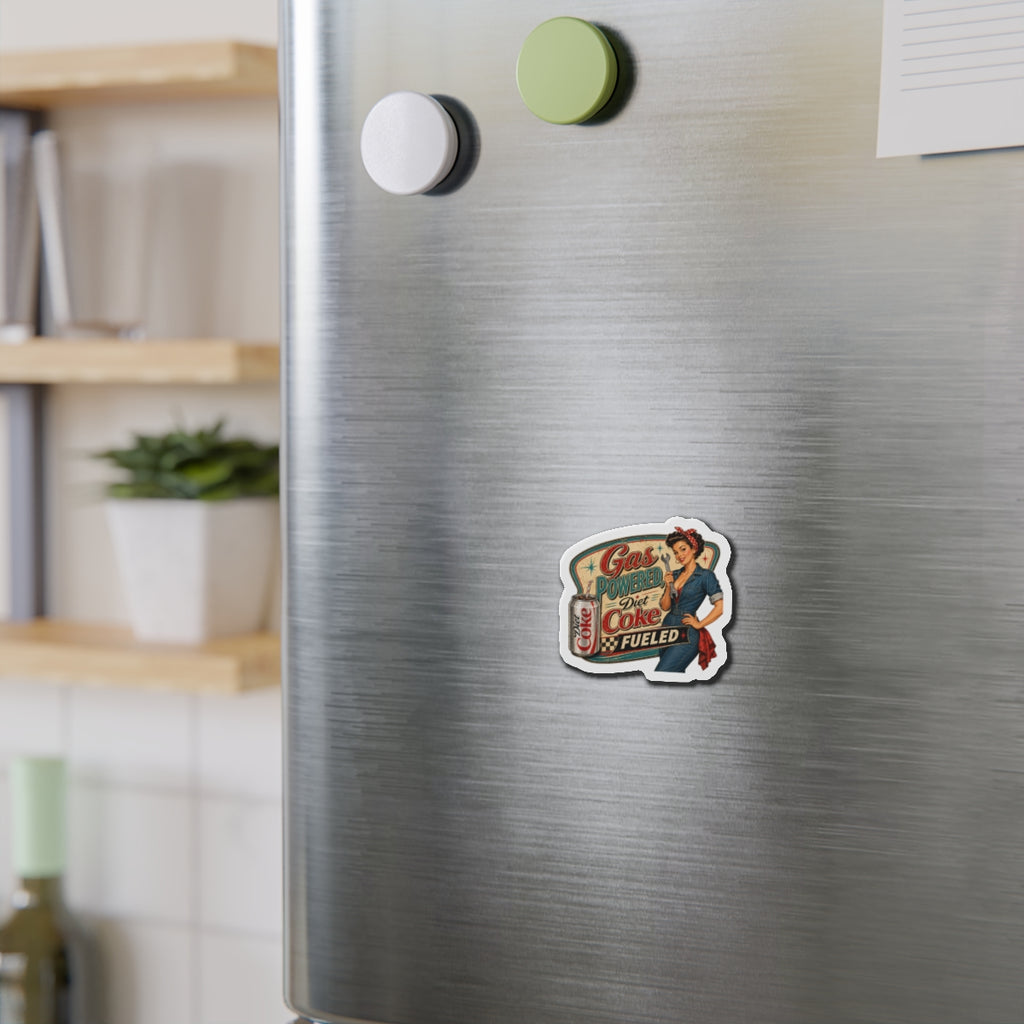 Retro Pin-Up Magnet — "Gas Powered Diet Coke Fueled" Die-Cut Refrigerator Magnet