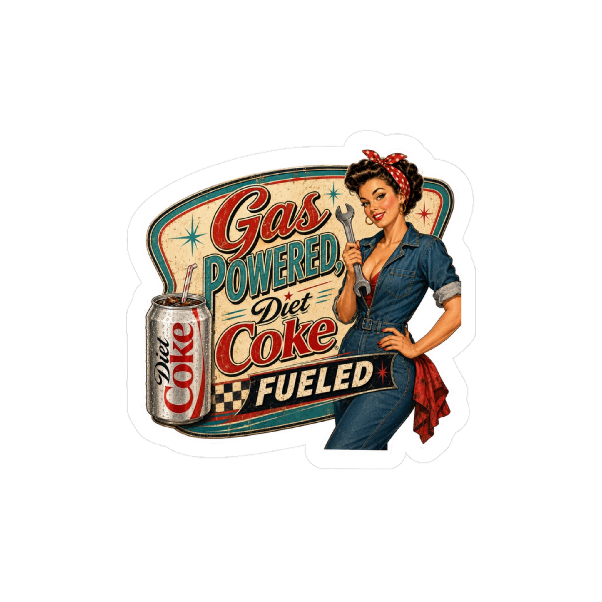Sticker! Retro Pin-Up "Gas Powered Diet Coke Fueled" Kiss-Cut Vinyl Decal