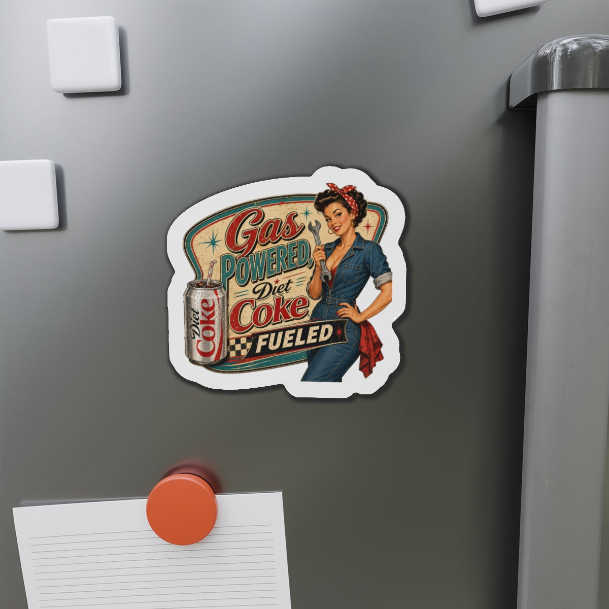 Retro Pin-Up Magnet — "Gas Powered Diet Coke Fueled" Die-Cut Refrigerator Magnet