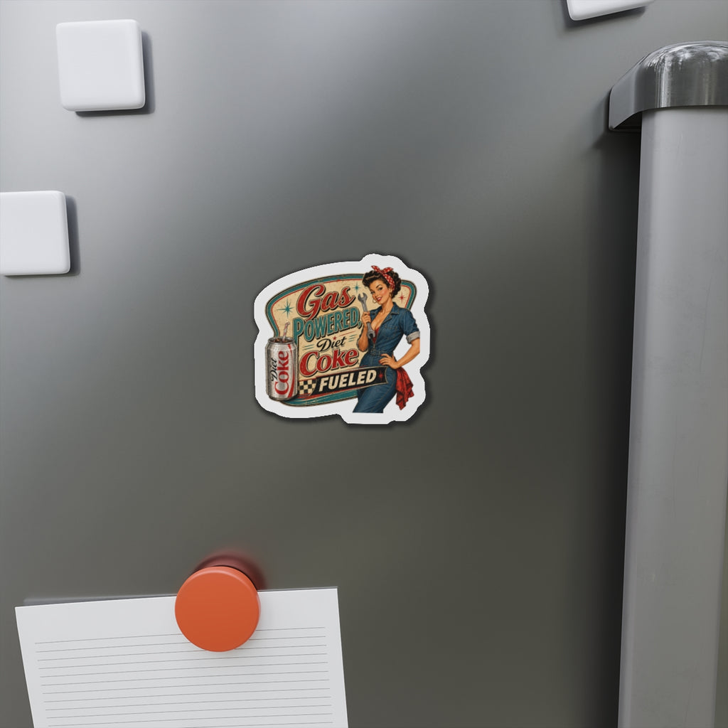 Retro Pin-Up Magnet — "Gas Powered Diet Coke Fueled" Die-Cut Refrigerator Magnet