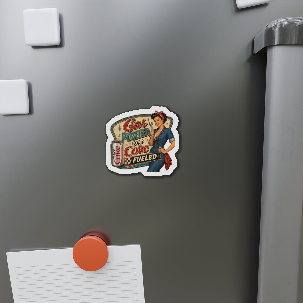 Retro Pin-Up Magnet — "Gas Powered Diet Coke Fueled" Die-Cut Refrigerator Magnet
