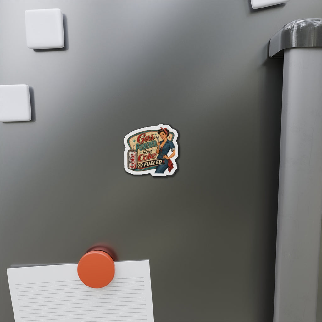 Retro Pin-Up Magnet — "Gas Powered Diet Coke Fueled" Die-Cut Refrigerator Magnet