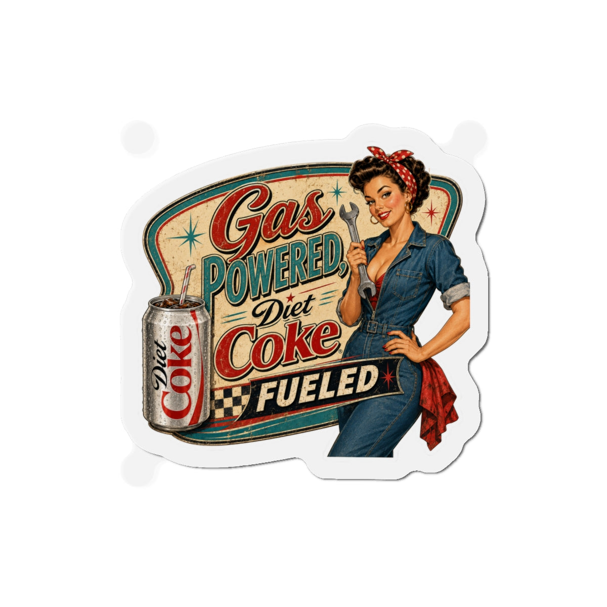 Retro Pin-Up Magnet — "Gas Powered Diet Coke Fueled" Die-Cut Refrigerator Magnet
